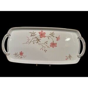 Johann Haviland Porcelain Rectangular White Tray Pink Flowers With Handles 14”